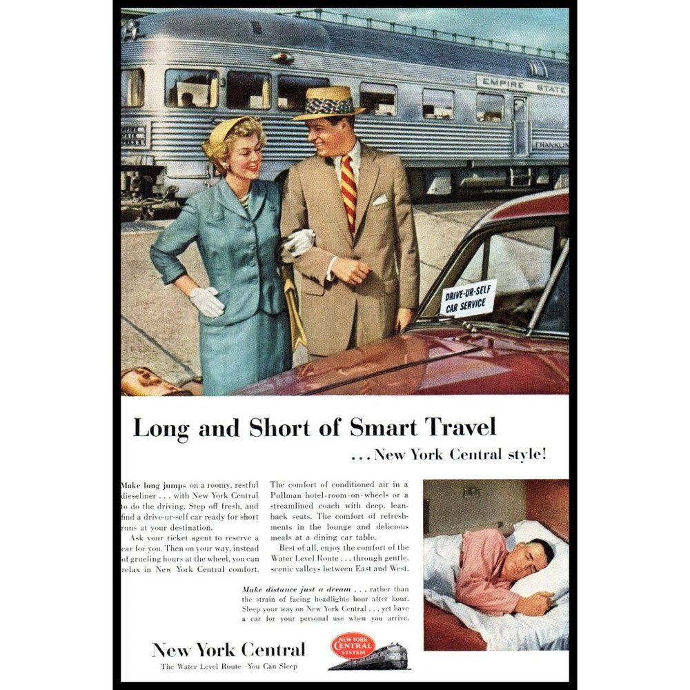 1953 New York Central Water Level Route Vintage Print Ad Rental Car Wall Art